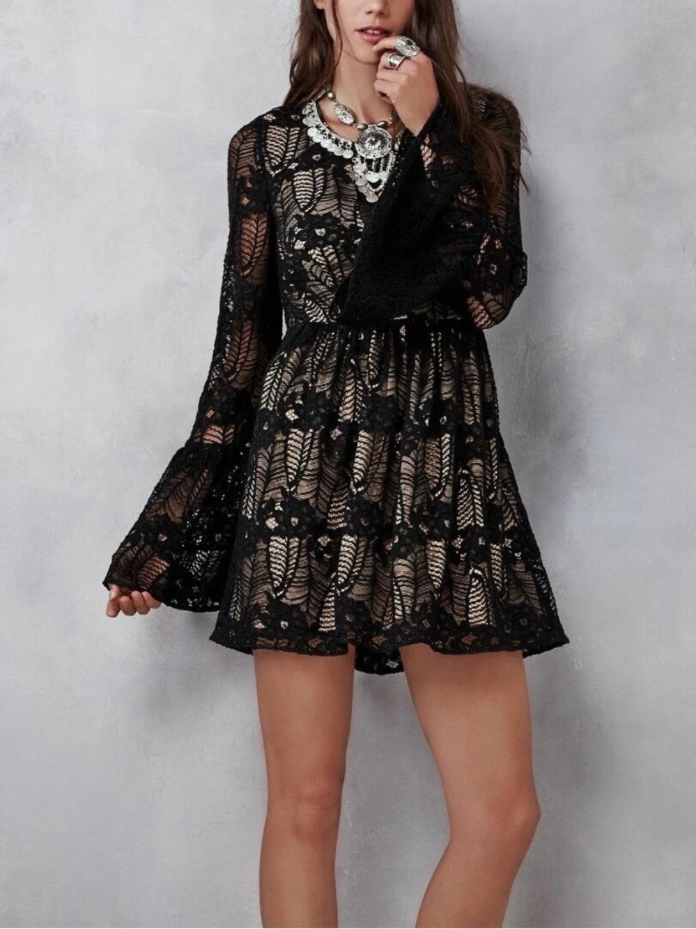 Free People Dulce Black Lace Mini Dress with Nude Lining